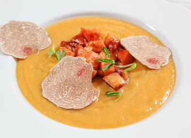 CREAM OF ROASTED BUTTERNUT SQUASH & APPLE SOUP WITH CHEESE CROUTONS AND TRUFFLES