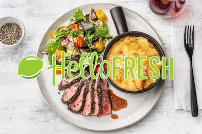Peppercorn-Crusted Rib-Eye Steak with Truffle Mac ’n’ Cheese and Heirloom Tomato Salad